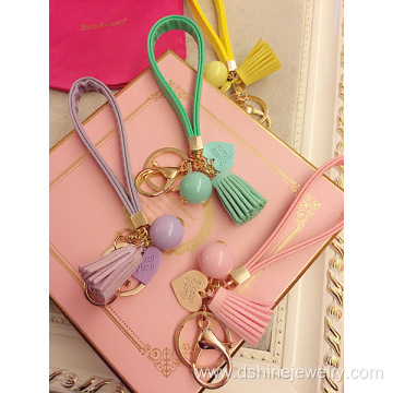 Handmade Leather Tassel Keychain With Candy Ball Charms